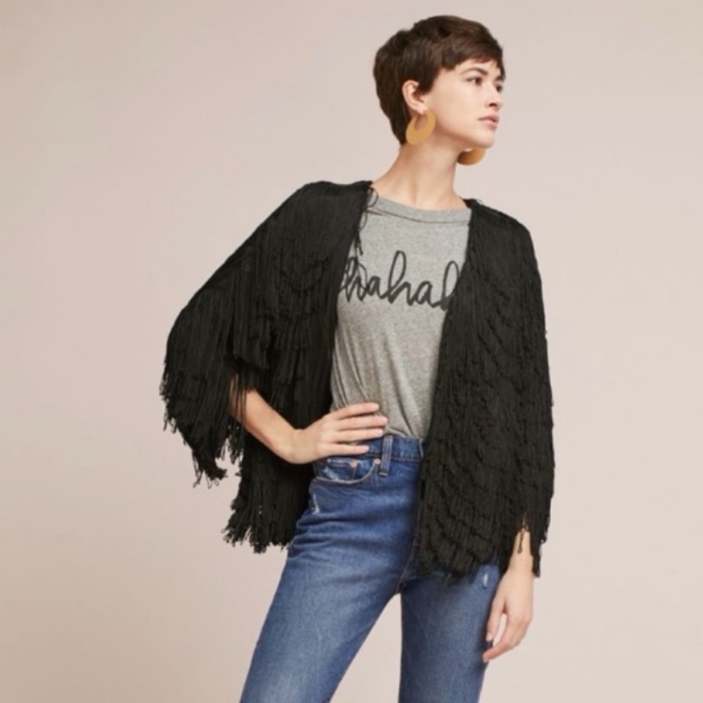 Anthropologie Black Fringe Jacket - Picture 2 of 6